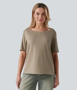 T-shirt décontracté d'été pour femmes grandes tailles, col rond, couleur unie, tricoté, 100% coton, anti-rides, séchage rapide, anti-UV - Product Image 3