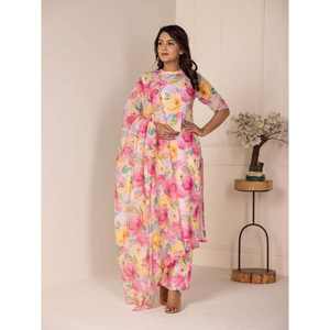 TOP ESTAMPADO FLORAL MUSELINA TENDENCIA PALAZZO CON DUPATTA BEBÉ ROSA - Product Image 1