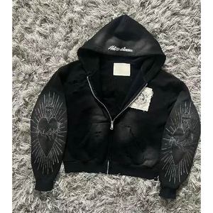 Sudadera con capucha y cremallera para hombre, con bordado de corazón gótico, de punto negro, corte oversize y estilo crop, manga normal, estilo streetwear de otoño - Product Image 2