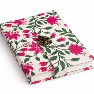 Block Printed Fabric Notebook Handmade Paper <b>Journal</b> Floral Cotton Cover Diary Metal Lock Closure Vintage <b>Writing</b> Book - Product Image 1