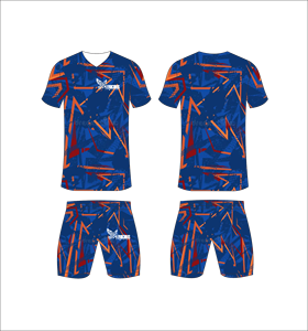 Conjunto de Uniforme de Fútbol Sublimado Personalizado, Patrón Geométrico Azul y Naranja, Transpirable, de Secado Rápido, Camiseta de Fútbol para Hombre y Niño - Product Image 1