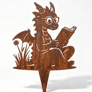 Drachen-Buch-Lesender Metall-Gartenstecker, Wetterbeständige Pulverbeschichtung, Outdoor-Gartenkunst - Product Image 5