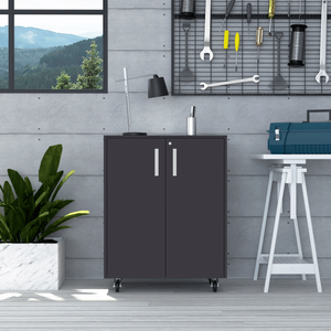 Armadio di Stoccaggio Hartford a Doppia Porta con Due Ripiani Interni e Ruote Nero - Scaffali per Garage E-Shop Depot - Product Image 1