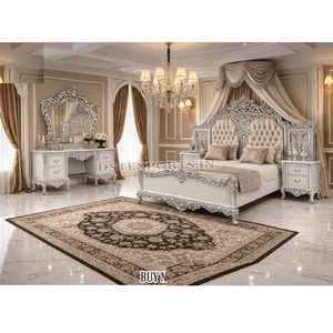 Cama Tapizada King Size de California, Estilo Vintage, Acabado Plateado, Juego de Dormitorio de Madera, Juego de Cama con Acabado Platino Italiano, Reino Unido - Product Image 1