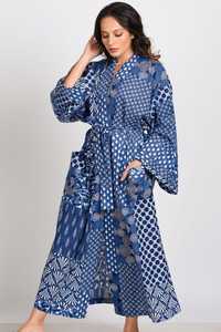 Robe kimono en coton indigo imprimé à la main, séchage rapide, col en V, manches longues, longueur complète, paréo de bain - Product Image 5