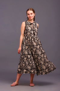 Hand Block Print Women Cotton Tier <b>Dress</b> Mandarin Collar Sleeveless Floral Print Partywear Beachwear <b>Long</b> Maxi <b>Dress</b> - Product Image 3