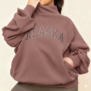 เสื้อสเวตเชิ้ตคอเต่าทรงโอเวอร์ไซส์สำหรับผู้หญิง ปักลายอลาสก้าด้านหน้า ทรงไหล่ตก ผ้าฝ้ายผสมใยไผ่ สำหรับใส่ในฤดูใบไม้ร่วง - Product Image 5