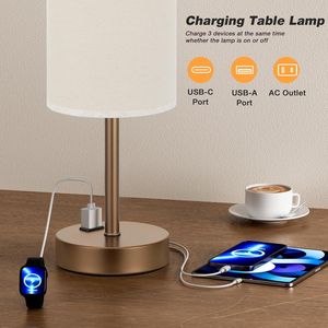 Lampada da Tavolo Beige Dimmerabile a 3 Modalità con Porta USB A+C e Presa AC, Base in Metallo Marrone Medio da 17,4 Pollici - Product Image 6