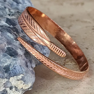 Pure Copper Feather Arrow Wrap <b>Bangle</b> Bracelet <b>Engraved</b> Leaf Chevron Quill Motif Solid Copper Adjustable Spiral Wrap Wristband - Product Image 4