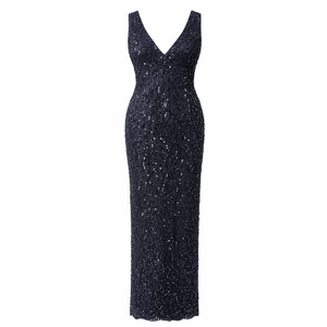 Vestido de Noche de Lentejuelas Azul Marino de Lujo |   Cuello en V para Mujer |   Sin mangas y con espalda descubierta |   Vestido ajustado de fiesta |   Elegante |   Vestido Maxi - Product Image 1