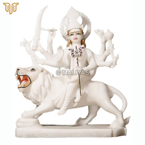 White Marble Durga Mata Murti with Lion | Intricate Crown, Sacred Weapons and Ornamental Carving by MALIYAS Jaipur - Product Image 2