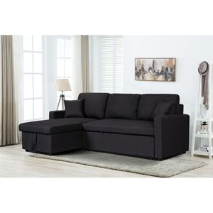 Divano Sezionale Reversibile Paisley da 82 Pollici in Tessuto Lino Nero con Chaise Longue Contenitore e Funzione Letto - Product Image 1