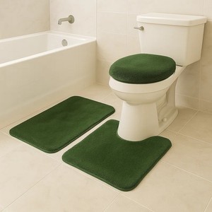 Green Chenille Bath <b>Mat</b> <b>Set</b> 3Pcs Rectangle Non-Slip Rubber Backing Classic Style Home <b>Bathroom</b> Rug - Product Image 1