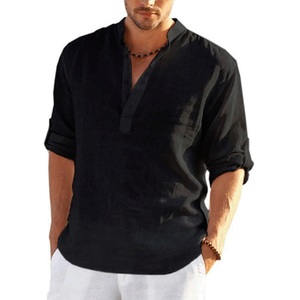 2022 blusa informal para hombre, camisa de manga larga de lino y algodón, Tops sueltos para primavera Otoño, diseño atractivo GR - Product Image 6