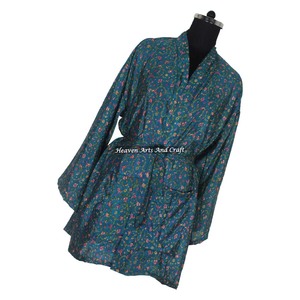 KS009 Hermoso Kimono Sari Vintage, Túnica Corta, Estampado Floral de Verano, Estilo Bohemio, Manga Larga, para Vacaciones - Product Image 5