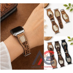 Bracelets de montre rustiques en cuir de vachette véritable usiné à la main avec compatibilité d'accents capillaires avec outillage floral pour un style occidental audacieux - Product Image 1