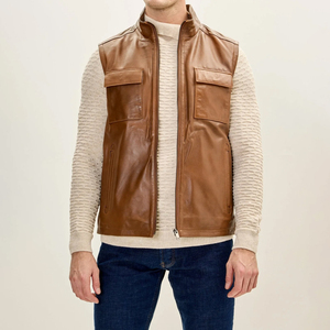 Chaleco de Piel Vacuna con Estampado para Hombre, Talla Grande, Cuello en V, Cierre de Botón, Informal, para Invierno, Corte Regular, con Decoración de Piel - Product Image 1