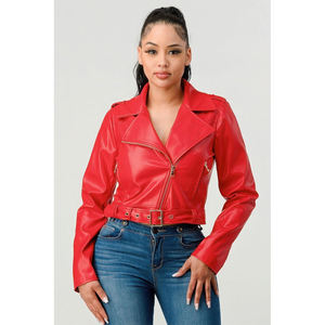 <b>Red</b> PU Leather Moto Jacket Slim Fit Turn-down Collar Zipper Closure <b>Belted</b> Short Length Solid Color Autumn Style - Product Image 1