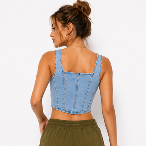 Chemise corset en jean Y2K délavé personnalisé pour femme, col carré, sans manches, crop top zippé sur le devant, décontracté, printemps-été, streetwear, débardeur - Product Image 2