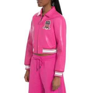 <b>Pink</b> PU Bomber <b>Jacket</b> With Embroidered Patch Design Turn-Down Collar Zipper Closure Streetwear Style Short Length - Product Image 3