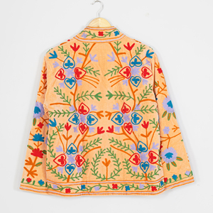 Women Velvet Embroidered <b>Jacket</b> <b>Mandarin</b> <b>Collar</b> Lantern Sleeve Floral Boho Style Autumn Coat Handmade Suzani Pattern - Product Image 3