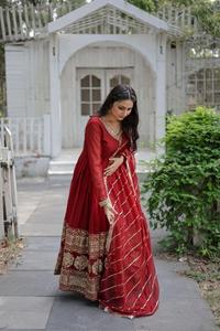 Traje Anarkali de Seda Rojo Granate con Bordado, Vestido Largo Tradicional Indio Pakistaní para Bodas, Vestido Holgado para Mujer - Product Image 3