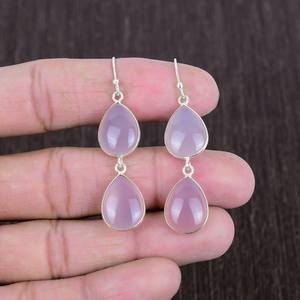 Boucles d'oreilles en calcédoine rose, argent sterling, style bohème, faites à la main, pierres précieuses, cadeau unique pour femme - Product Image 2