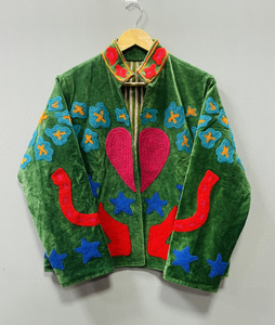 Chaqueta Bomber de Terciopelo 100% Algodón con Bordado Floral Bohemio, Tejida, Resistente al Viento, Transpirable, Cuello Alto Suzani, Largo Medio, Suave - Product Image 2