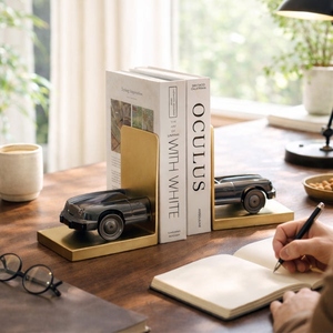 Porte-livres vintage en aluminium coulé, design nouveau, avec base en bois de manguier, ensemble décoratif pour automobile, organiseur de bureau de luxe - Product Image 5