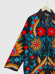 Veste en velours pour femmes grande taille brodée à la main, col châle, manches trois quarts, motif géométrique, manteau long, vêtements d'automne - Product Image 4