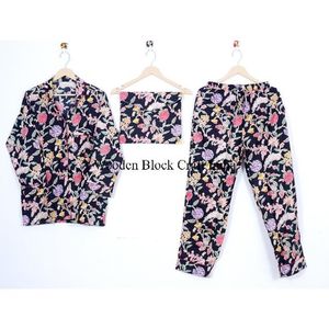 Ensemble de pyjama de luxe pour femme en coton à imprimé floral, col en V, manches longues, fermeture boutonnée, longueur intégrale, doux, pour l'été - Product Image 6