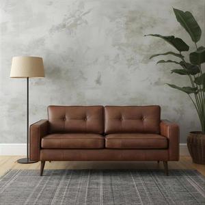 Sofá de Cuero Marrón Coñac de Lujo Estilo Mediados de Siglo, 2 Plazas, Respaldo Acolchado, Patas de Madera Maciza, Mueble Moderno para Sala de Estar - Product Image 3