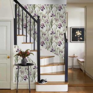 Carta da Parati Floreale Verde/Viola con Iride, Adesiva Vintage Staccabile e Riposizionabile, Decorazione Murale con Fiori Selvatici, Adesivo Murale Acquerello - Product Image 5