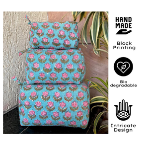 Juego de neceseres de algodón acolchado con estampado floral azul y rosa de Jaipur, con cierre de cremallera multifunción, forro de PVC, duradero. - Product Image 2