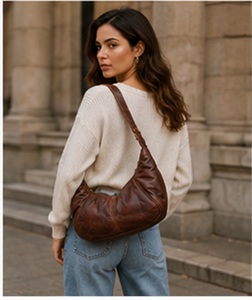 Sac Hobo Croissant en Cuir Véritable Marron Premium pour Femme, Sac à Bandoulière Souple Vintage, Sac à Main Tendance, OEM ODM - Product Image 5