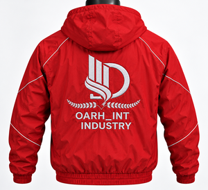 OARH_INT INDUSTRY Men's <b>Red</b> Hooded <b>Windbreaker</b> Jacket Windproof Polyester Casual Autumn Wear Front Logo Zipper Closure - Product Image 2