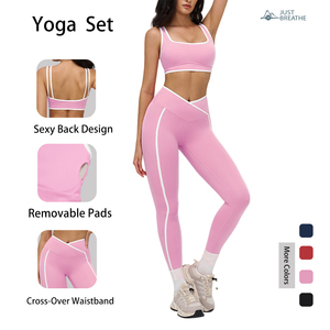 Conjuntos de Yoga de Dos Piezas para Mujer, Sujetador Deportivo con Cuello Halter y Pantalones Cortos con Cintura Cruzada en V, Ropa Deportiva para Gimnasio, Yoga y Entrenamiento - Product Image 2