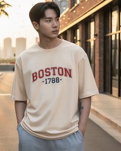 เสื้อยืดปักลายหน้าอกผู้ชาย ทรงโอเวอร์ไซส์ บ็อกซี่ ไหล่ตก แขนสั้น ผ้าฝ้ายลำลอง ทรงหลวม สตรีทแวร์ เสื้อผู้ชายทรงโอเวอร์ไซส์ บ็อกซี่ - Product Image 5