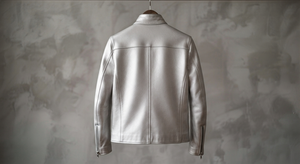 Silver Genuine Leather Winter Men's Zip-Up <b>Biker</b> <b>Jacket</b> with Stand Collar Zip Pocket Solid Pattern Canvas Fabric - Product Image 3