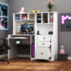Antiqued White Home Office Computer <b>Desk</b> with Hutch - Product Image 1