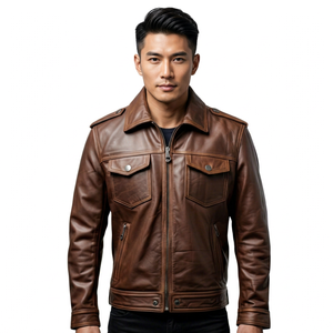 Veste en cuir marron pour homme, style motard, col rabattu, fermeture éclair, pour l'automne - Product Image 5