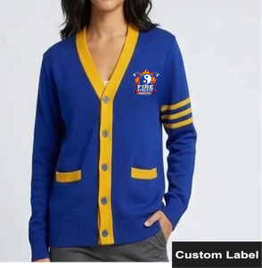Custom Top New Design Royal Blue & Yellow Jacquard Knit Cardigan: School Apparel - Product Image 2