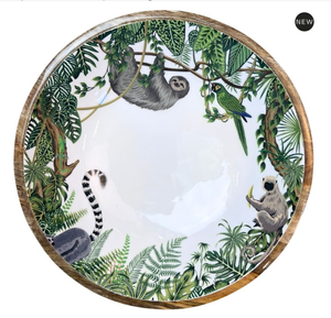 Tazón de madera para servir con diseño de animales de la selva y hojas tropicales, hecho a mano para servir comida, fiestas, bodas, regalos. - Product Image 1