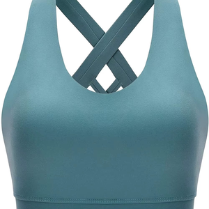 Sujetador deportivo rojo para mujer con tirantes cruzados, cuello redondo, malla transpirable, soporte medio, top de fitness de color liso, estilo sin costuras - Product Image 3