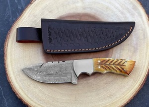 Custom Handmade OEM DIY Skinner Hunting Gut <b>Hook</b> Knife Damascus Steel Bone Handle <b>Clip</b> Point 8in Overall Leather - Product Image 5