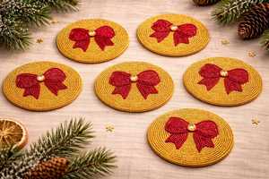 Handmade Beaded Coaster | Red Bow Gold Christmas Decor - Product Image 1