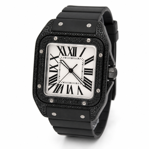 Reloj Cuadrado de Moissanita Negra de Alta Calidad Personalizado, Esfera Blanca con Números Romanos, Caja de Acero Inoxidable, Correa de Silicona, Reloj de Cuarzo Unisex de Lujo - Product Image 1