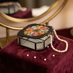 Artisan Design Octagonal Black Jewelry Box <b>Mirror</b> Surface Metal Frame Decorative <b>Storage</b> Organizer for Ring Cosmetic Floral - Product Image 1
