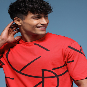 T-shirt à manches courtes pour homme, imprimé géométrique rouge, col rond, jersey décontracté en coton, coupe régulière, respirant, streetwear - Product Image 3