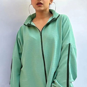 Conjunto Deportivo con Capucha para Mujer, Color Verde Menta, Corte Holgado, con Bolsillos Laterales, Diseño a Rayas, Ropa Casual de Otoño - Product Image 5